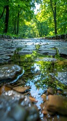 Fototapeta premium A serene forest walkway with sunlight filtering through the trees, reflecting off a peaceful puddle on the stone path, capturing the tranquility of nature