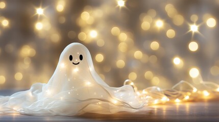 Adorable ghost joyfully celebrates halloween with festive decorations and playful spirit