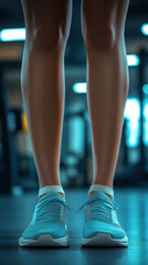 Swollen ankles of a young female athlete, post-injury, with a background of a gym