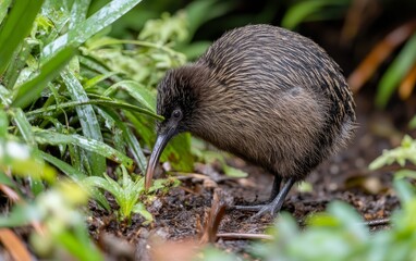 A kiwi bird with its distinctive long beak forages among wet grass and vegetation, showcasing the unique flightless bird in its natural New Zealand habitat