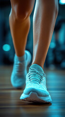 Swollen ankles of a young female athlete, post-injury, with a background of a gym