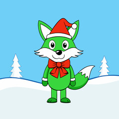 Obraz premium Santa Claus Arctic Fox with Red Ribbon on Forest White Background – Vector Art