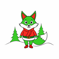 Santa Claus Arctic Fox with Red Ribbon on Forest White Background – Vector Art