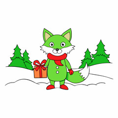 Santa Claus Arctic Fox with Red Ribbon on Forest White Background – Vector Art