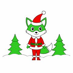 Santa Claus Arctic Fox with Red Ribbon on Forest White Background – Vector Art
