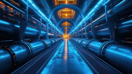 Fototapeta premium futuristic, neon-lit tunnel with high-tech machinery, evoking the atmosphere of a scientific research facility or particle accelerator, symbolizing advanced science and innovation.