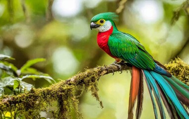 Obraz premium A resplendent quetzal with vibrant green plumage and long tail feathers perches on a moss-covered branch in a lush tropical rainforest setting