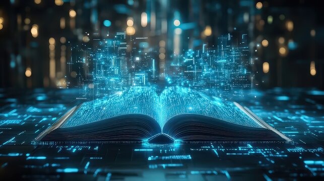  digital book with holographic elements emerging from its pages, representing the integration of technology and literature, symbolizing the future of digital storytelling.