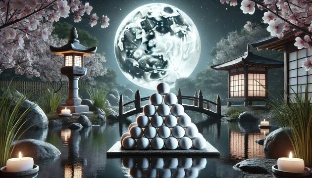 Tsukimi Festival Celebration with Dango and Cherry Blossoms under the Full Moon