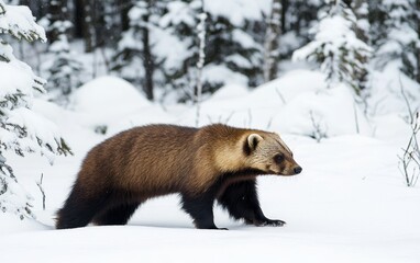 Obraz premium A wolverine traverses a snow-covered forest, its brown fur contrasting with the white landscape, showcasing the adaptability of this hardy northern predator