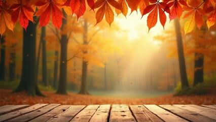 Autumn Forest with Wooden Deck and Falling Leaves