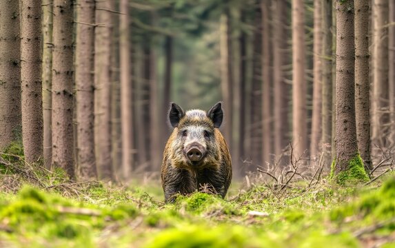 A wild boar stands alert in a pine forest, its bristly coat and distinctive snout visible among tall tree trunks, showcasing the diverse wildlife of woodland ecosystems - Powered by Adobe