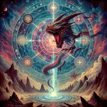 yin yang symbol in space, mixed image with sacred symbols and an energetic portal that emerges from the ground, while a gragon sucks the sky, Created with generative AI tools