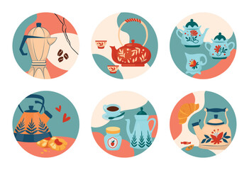 Fototapeta premium Tea kettles. Ceramic teapot. Drink crockery. Coffee jug. Asian cups. Beverage serving. Jam and pastry. Circle frames. Porcelain mugs. Teatime drinkware. Kitchen utensil icons vector set