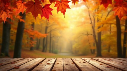 Autumn Forest with Wooden Deck and Falling Leaves