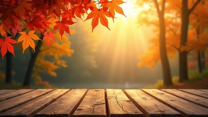 Autumn Forest with Wooden Deck and Falling Leaves