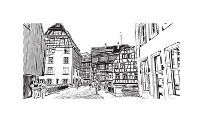 Building view with landmark of Strasbourg is the city in France. Hand drawn sketch illustration in vector.