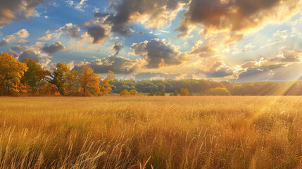 Fototapeta premium Autumn landscape, Wide open field with tall golden grasses, Forest in the distance, Dramatic sky with sunrays breaking through clouds, Serene and expansive.