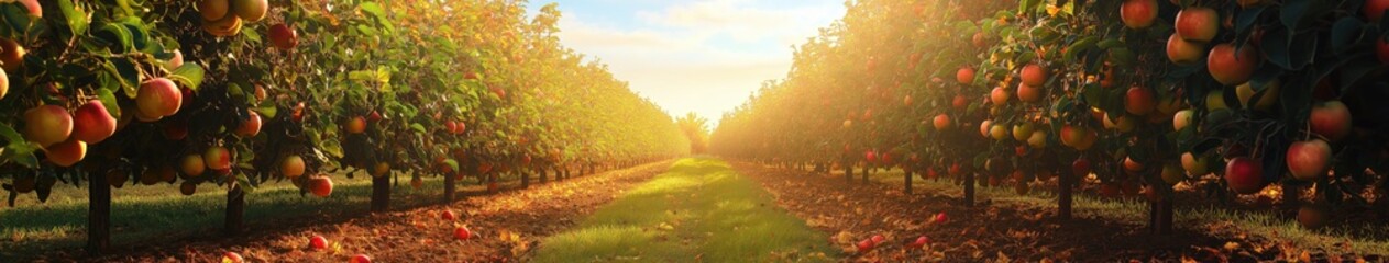Fototapeta premium Sunlit Orchard Path Between Rows of Apple Trees
