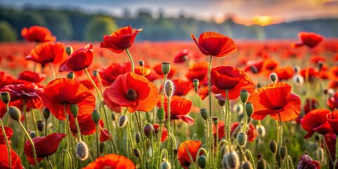 Scarlet poppies sway effortlessly in the summer breeze, their vibrant petals waving like a crimson curtain in the