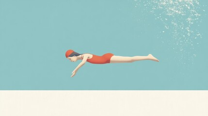 A Young Girl in a Red Swimsuit Dives into the Summer Sea, Captured in a Contemporary Collage Style, Evoking a Sense of Joy and Freedom.