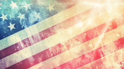 Naklejka premium Patriotic American Flag Banner with Soft Pastel Background and Starburst Effects