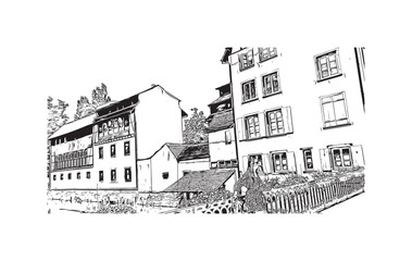 Building view with landmark of Strasbourg is the city in France. Hand drawn sketch illustration in vector.