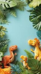 Obraz premium Colorful toy dinosaurs surrounded by lush greenery, perfect for playful and imaginative themes in children's products.