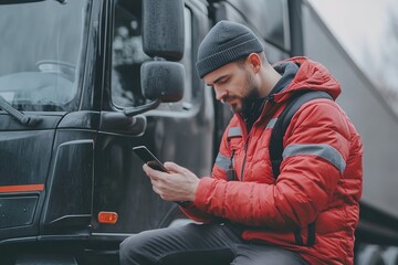 Man in red jacket using smartphone by truck