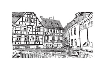 Building view with landmark of Strasbourg is the city in France. Hand drawn sketch illustration in vector.