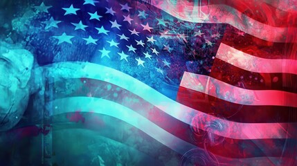 Naklejka premium Patriotism in Abstract: USA Flag Waving Over Blue and Red Abstract Patterns.