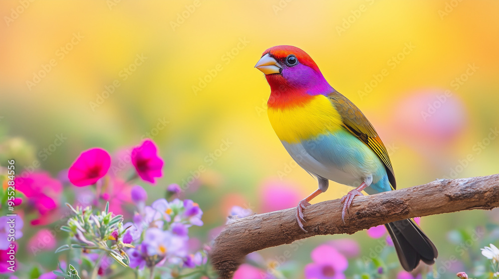 Wall mural gouldian sparrow with brightly colored feathers, perched on a tree branch with a background of meado