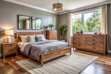 Sleek and modern bedroom design showcases a stunning wooden dresser from a trusted furniture brand, perfect for storing