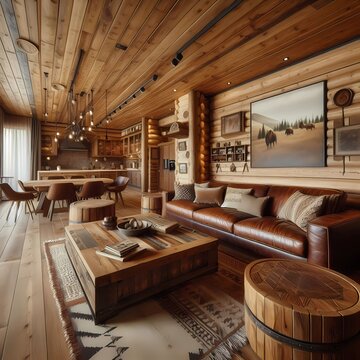 Living room with leather sofa and wooden tables Materials: leather, parota wood Style: rustic Shot: panoramic Camera: DSLR Lens: 24mm Depth of field: medium, created with generative AI tools.