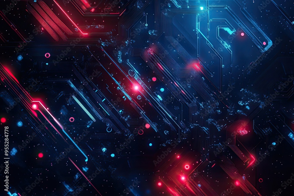 Poster vibrant abstract design showcasing dynamic lines, glowing lights, and futuristic elements in a dark 