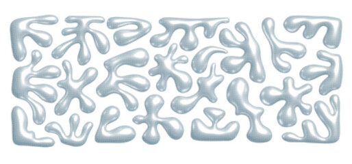 Chrome 3D liquid metal elements set in dotted halftone style. Wavy metal shapes. Abstract organic forms, elements design for futuristic chrome visuals and retro 3D design projects. Isolated vector