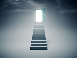 Stairs leading up to a opened door. Path to success concept