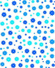 Bright blue and turquoise flowers scattered on a white canvas, creating a lively and cheerful floral pattern for all design needs