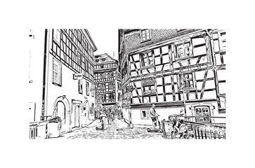 Building view with landmark of Strasbourg is the city in France. Hand drawn sketch illustration in vector.