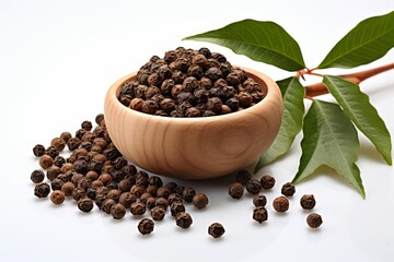 Close up of black pepper and powder on white background  organic asian herbs and spices concept