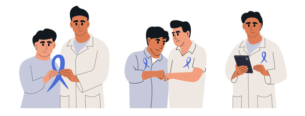 Prostate Cancer Awareness Ribbon. Man and doctor with male health symbol. Vector flat illustration
