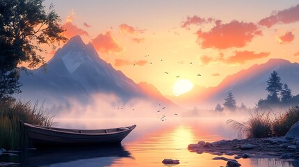 Illustration of serene mountain lake at sunrise with mist rising fish jumping and a small wooden boat on the shore