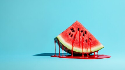 Melting Watermelon Slice Dripping Red Juice on Blue Background, Summer Fruit Concept