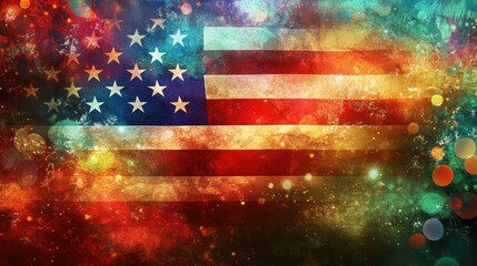 Patriotic American Flag Artwork with Faded Effect on Abstract Swirling Lights Background
