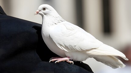 A white dove perched on a person's shoulder, creating a sense of tranquility. Copy space. 