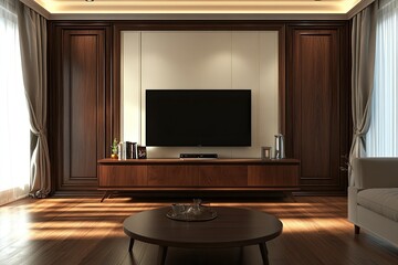 modern dark red wood TV cabinet with cream wall panels and elegant wooden floor 