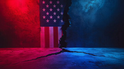 An American flag on a cracked wall, split between red and blue, symbolizing political division, conflict, and polarization in the United States.