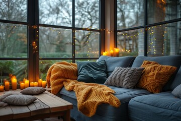 Cozy living room with blue couch covered with a yellow blanket and pillows, and there are candles on the table, coffee table, and window. Warm and inviting atmosphere
