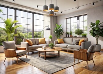 Sleek lines and neutral tones define the modern living room, where a couch and armchairs anchor the space,