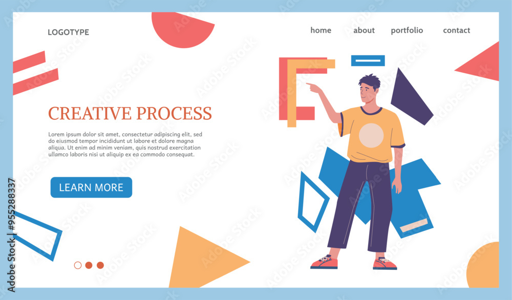 Poster Creative process landing page. Business work brainstorm. Businessman finding innovative idea. Website design template. Man with abstract shapes. Creativity challenge. Vector background